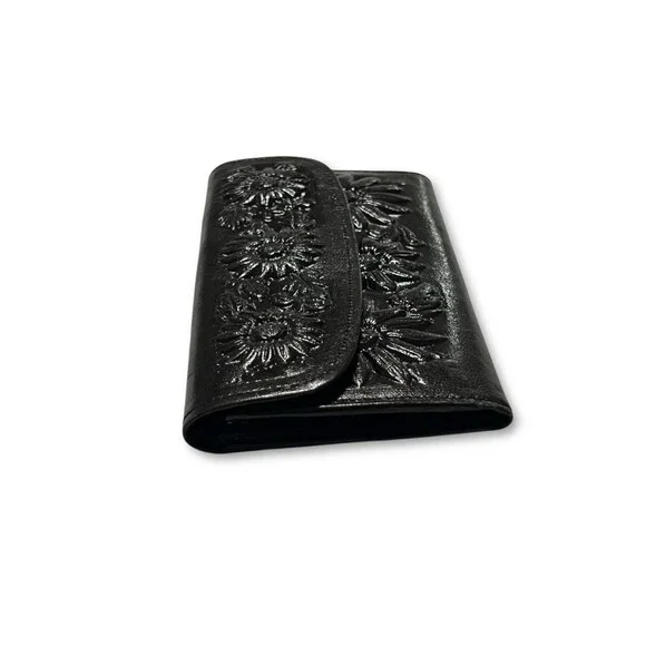 Mexican Embossed Leather Wallet Shiny Black Checkbook Flowers Handmade New - Picture 3 of 8